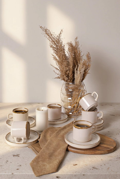 Hermia Juego de Tazas de Té de 12 Piezas Crema y Canela